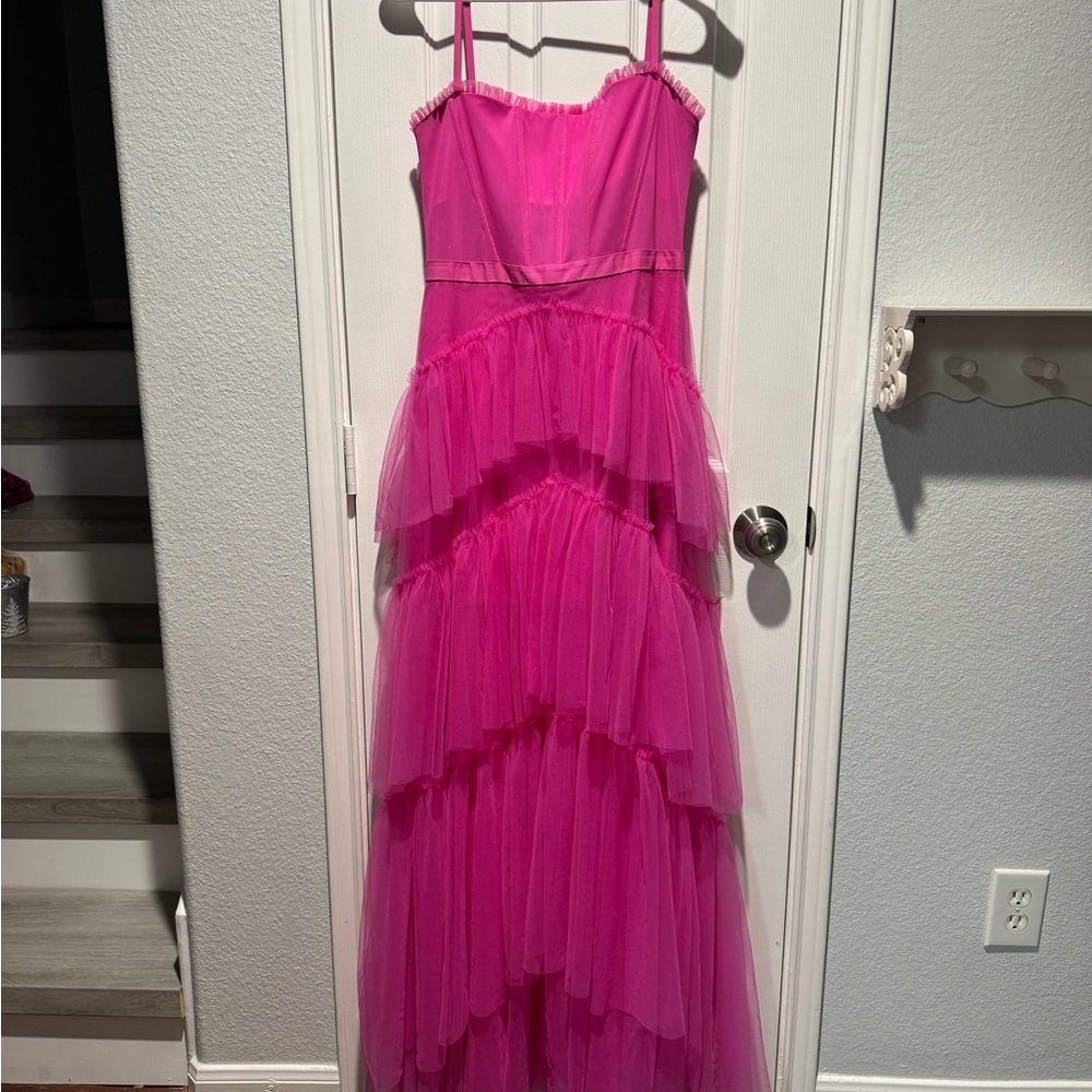 Adam Pink Spaghetti Strap Prom Dress